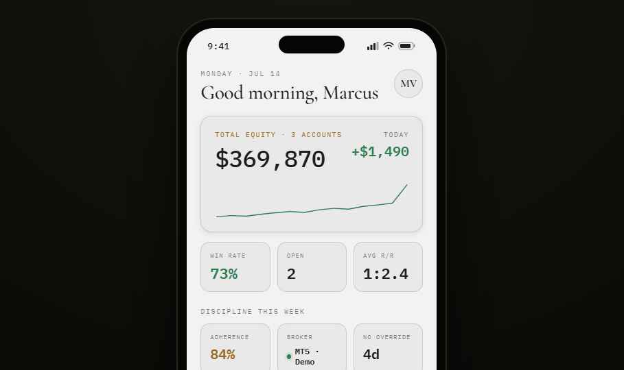 Traders Companion light prototype screen with sample trading data