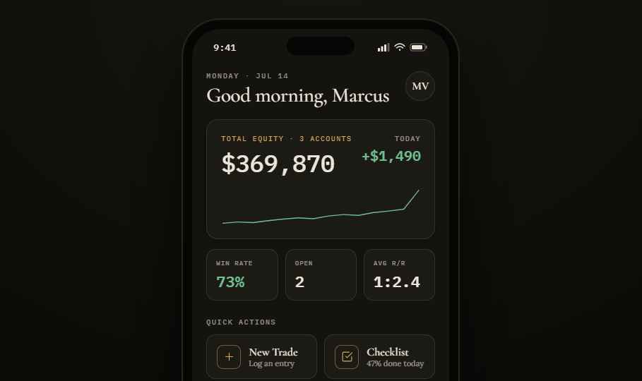 Traders Companion dark prototype screen with sample trading data