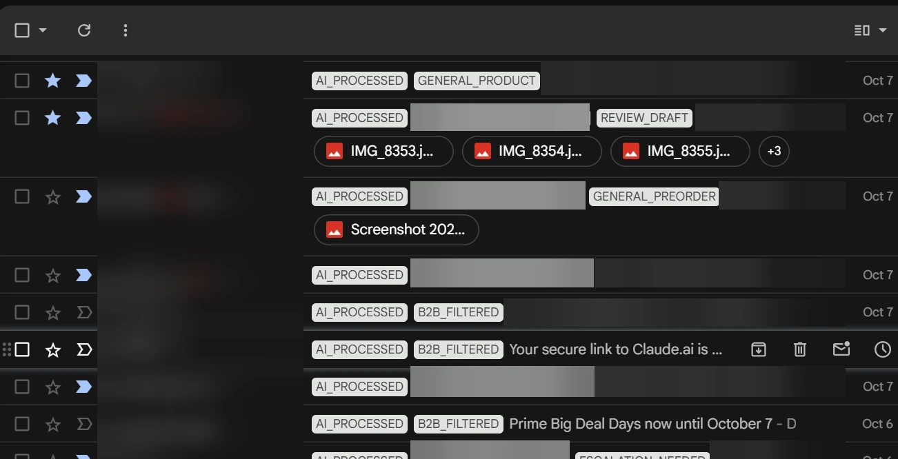 The support inbox, with identifying details permanently obscured